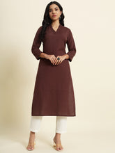 Thread Plus Cotton Flax Straight Kurti In Coffee Color For Women